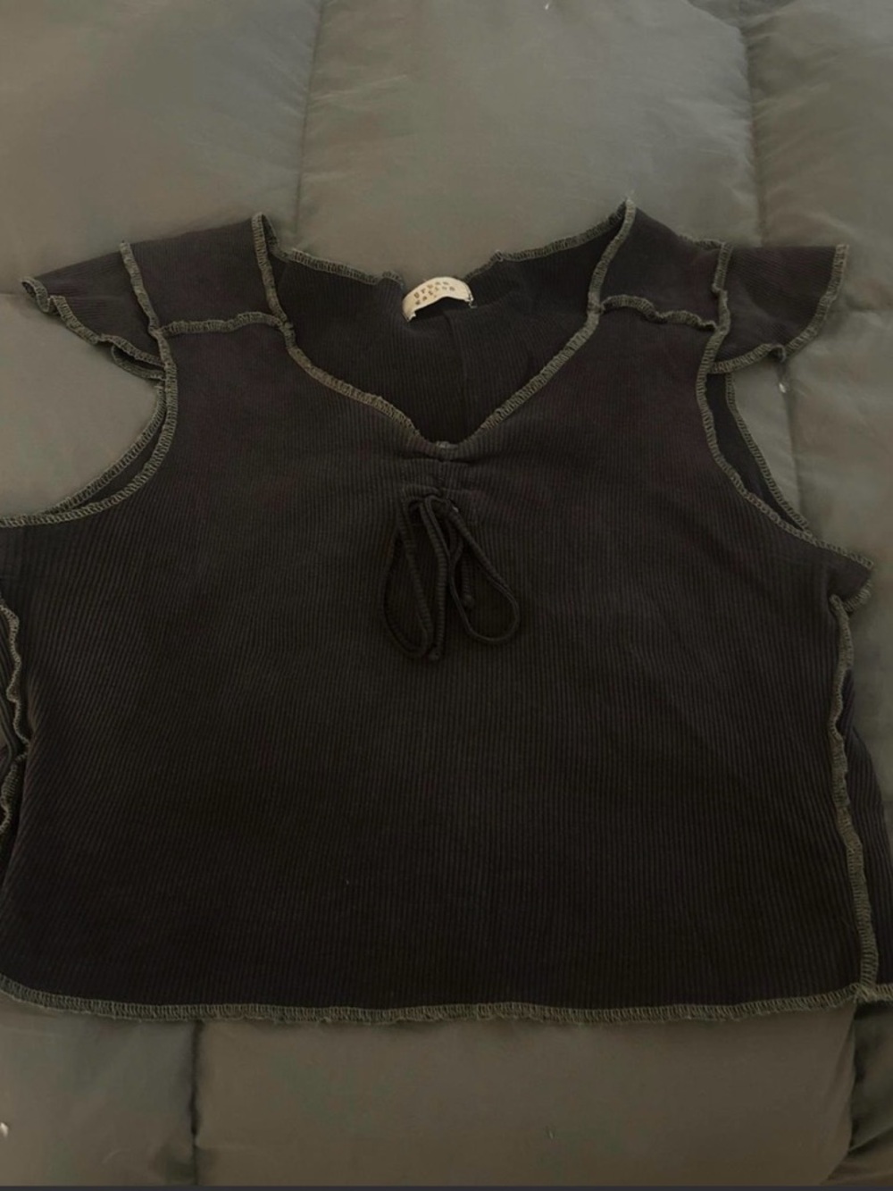 Dark Grey Ribbed Crop Top with Frill Sleeves